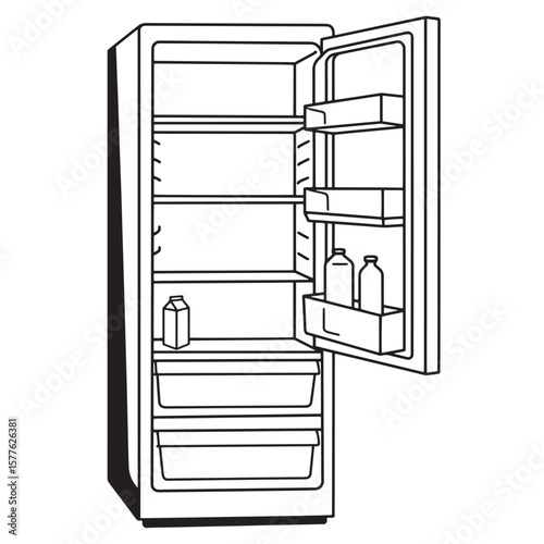Line art illustration of an open refrigerator with shelves containing basic food items