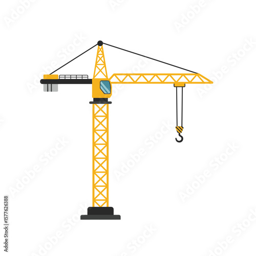 A yellow construction crane with a long arm and hook, isolated on a white background, is ready for lifting heavy materials at a construction site.
