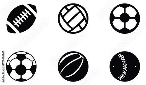 Assorted Sporting Balls Collection Sporty Icons Showcasing Sportsmanship and Activity Featuring Rugby Volleyball Soccer and Baseball with Unique Designs