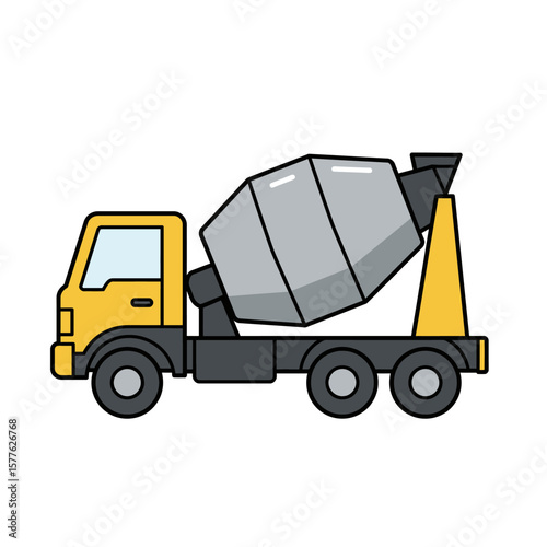 A vibrant yellow and gray cartoon cement mixer truck illustration, symbolizing construction, building, and industrial transport.