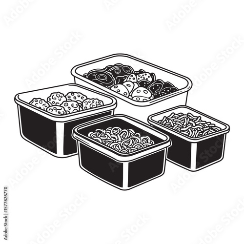 Monochrome illustration of packed meals in containers for lunch or meal preparation