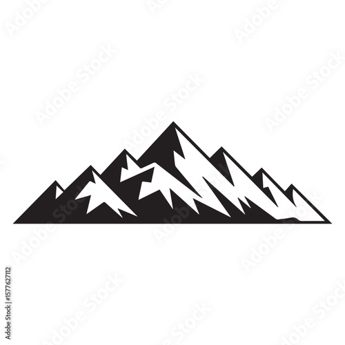 A stark black silhouette of a jagged mountain range against a clean white background representing adventure and nature
