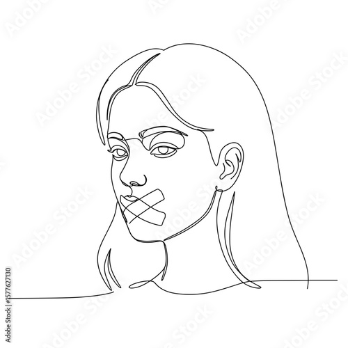 Line art illustration of woman with tape over mouth conveying silence  