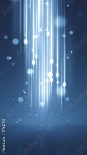 animation. Abstract blue background with vertical light streaks and soft glowing orbs creating a serene atmosphere, ideal for design projects and digital artwork with copy space