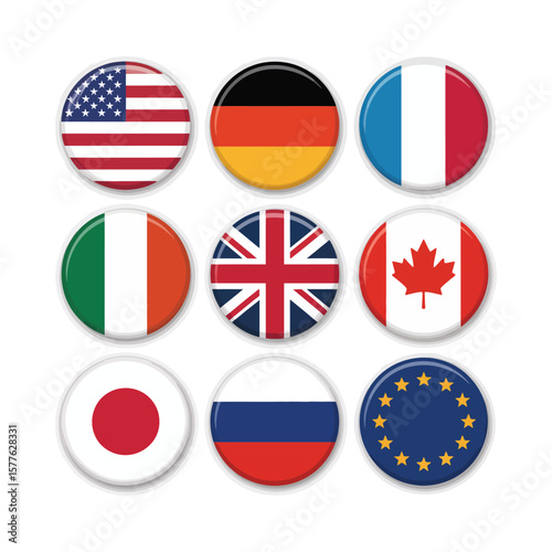 Set of round national flags icons featuring united states, germany, france, uk, japan, canada, russia, eu, and ireland symbols Free Download Set of round national flags icons featuring united states, germany, france, uk, japan, canada, russia, eu, and ireland symbols - GFXLoad