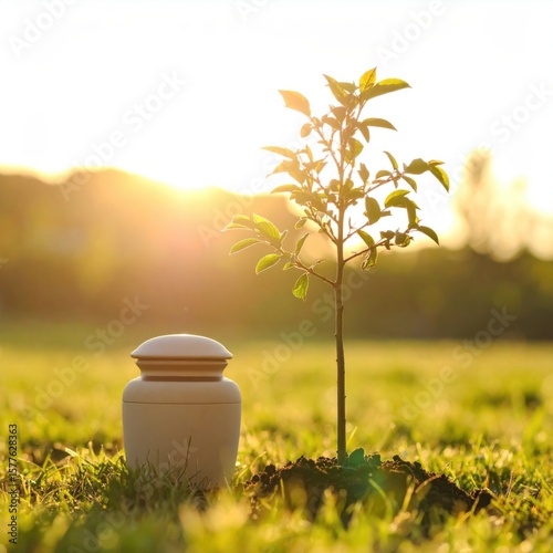 Young tree planted next to a cremation urn in a grassy field at sunset, symbolizing remembrance, life, and renewal in nature.
