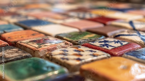 The colorful square tiles are arranged in an intricate pattern, and the close-up shots show the texture and vibrant color palette of each tile. for visually appealing and detailed scenes.