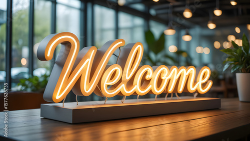 Photo of a glowing welcome sign illuminates a modern office space