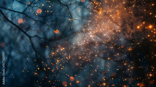 Embers floating in the night sky, leaving trails of warm light.