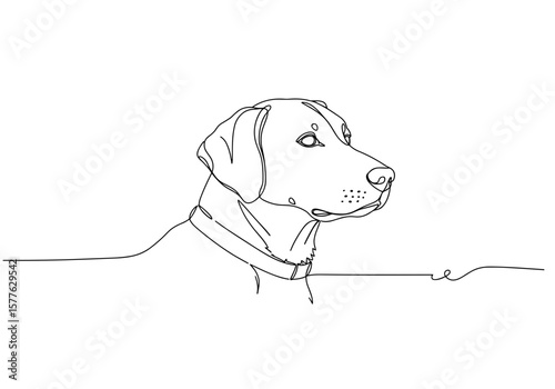Line art illustration of a dog with a collar in profile view  
