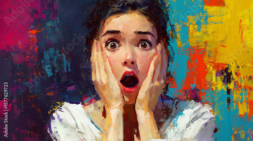 Painting-style illustration of a young woman showing fear and surprise, with expressive eyes, tense posture, and dramatic brush strokes capturing intense emotion.