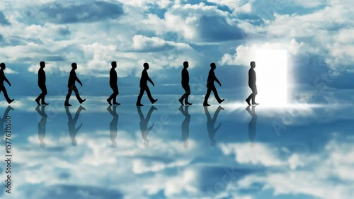 Silhouetted Men Walking Toward a Glowing Light Gate on a Reflective Sky Surface with Blue Clouds Above – Symbolic Journey to the Gate of Heaven

