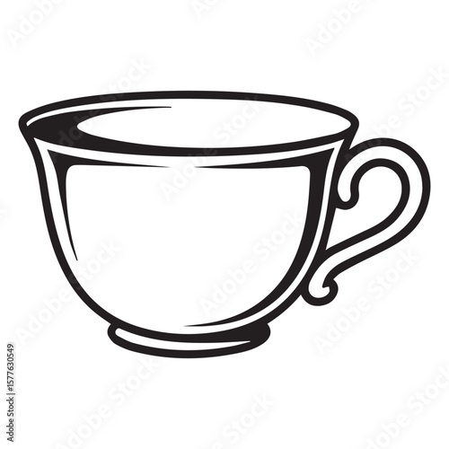 Simple black and white line art illustration of a classic teacup with a handle on a white background