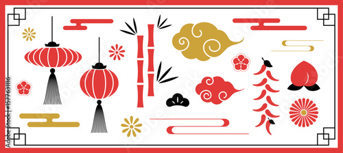 中華,中国,提灯,花,桃,唐辛子,クモ,中華モチーフ,中華風,中国風,縁起物,飾り,装飾素材,伝統的,文化的モチーフ,旧正月,節句,お祝い,ベクター,イラスト,アイコン,シンボル,セット素材,POP素材,フラットデザイン,白背景,背景なし,イベント装飾,クラシック,赤,金色,オリエンタル,飾りパーツ,装飾アイコン,アジアンテイスト,季節モチーフ,年賀,幸運モチーフ