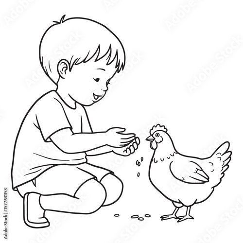 Young boy kneeling down feeding chicken farm animal isolated illustration