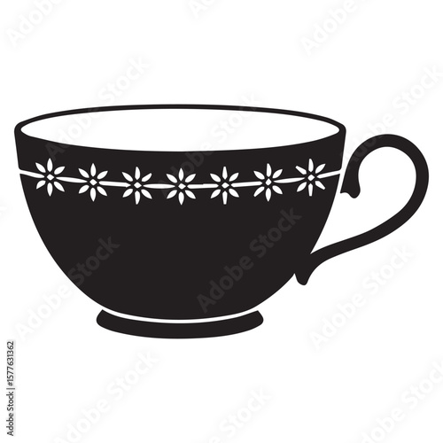 Elegant black and white illustration of a classic teacup with a decorative floral band and a curved handle
