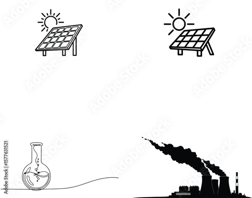 Vector art of renewable energy sources and industrial pollution depicted through solar panels and factory smokestacks