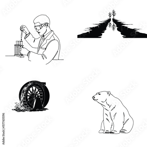 Vector art of a scientist conducts an experiment, juxtaposed with images of environmental issues and wildlife