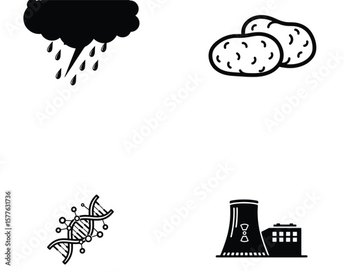 Vector art of icons representing weather, genetics, agriculture, and industry with a dna strand and power plant