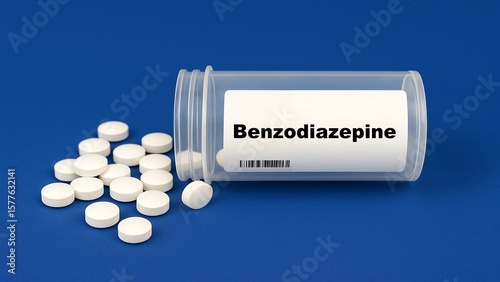 Foto Box of benzodiazepine tranquilizer tablets placed on medical counter in hospital pharmacy