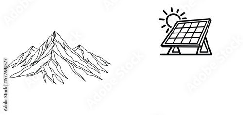 Vector art of majestic mountains under a bright sun next to a solar panel
