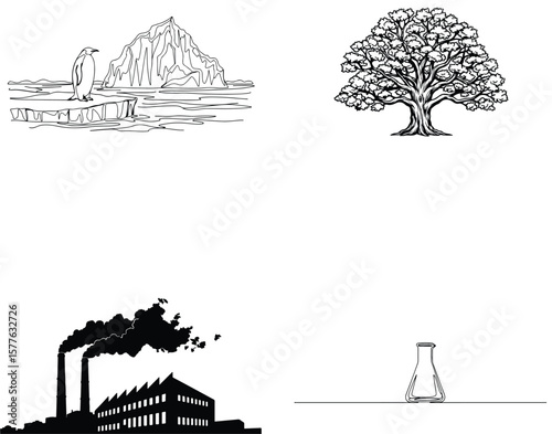 Vector art of a collage of environmental themes arctic wildlife, a tree, and industrial pollution