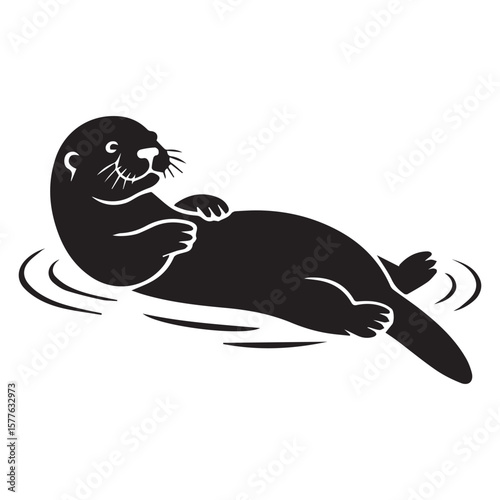 Stylized black silhouette of a playful otter floating on its back in rippling water enjoying a moment of relaxation