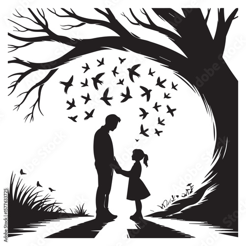 Father and daughter holding hands under a large tree with a flock of birds flying overhead in a silhouette style