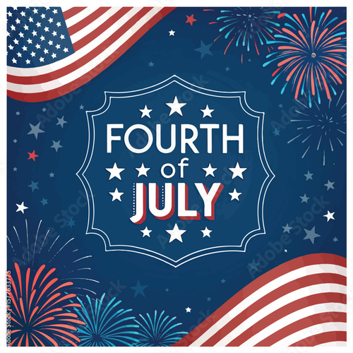 Happy 4th of July Banner Vector Modern Fireworks Border, Stars pattern, Sale template with Fourth of July logo on dark blue patriotic abstract background, American flag for Web Banner, Social 