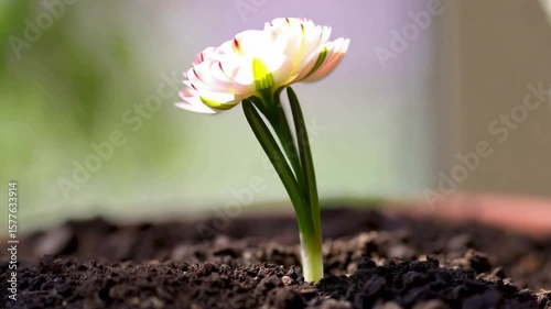 A fresh flower bud with green and pink hues emerging from rich dark soil, symbolizing new beginnings and growth