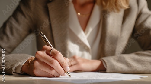 close-up of a faceless blonde wearing a white blazer, writing her signature on official papers, beige background, high-end business scene