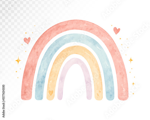 Watercolor pastel rainbow with small stars and hearts. Great for nursery prints, wall decor, baby shower invitations, and gender neutral baby themes. Vector illustration.