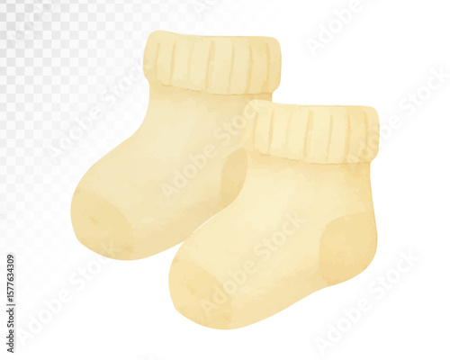 Watercolor illustration of soft pastel yellow baby socks. Perfect for gender-neutral baby shower themes, newborn accessories, and cozy nursery visuals. Vector illustration.