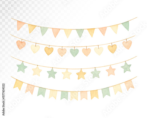 Watercolor baby bunting garlands with stars, hearts, and flags in soft pastel colors. Great for nursery decorations, baby shower invites, and party themes. Vector illustration.
