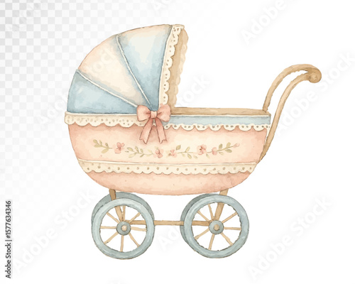 Watercolor vintage-style baby stroller with blue and pink canopy in watercolor style. Perfect for baby shower cards, gender reveal designs, and nursery prints. Vector illustration.