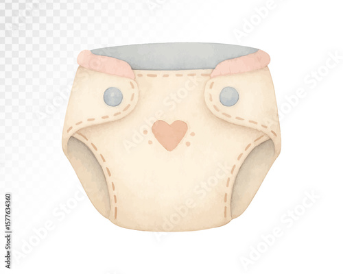 Watercolor baby diaper with button details in neutral tones, ideal for baby care illustrations, parenting guides, and newborn-themed designs. Vector illustration.