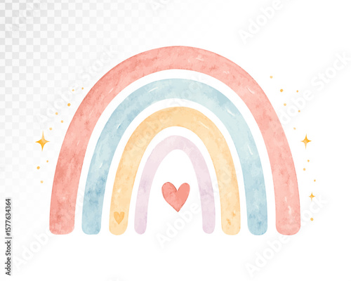 Watercolor pastel rainbow with small hearts and stars, perfect for nursery wall art, baby shower themes, and baby room decor. Vector illustration.