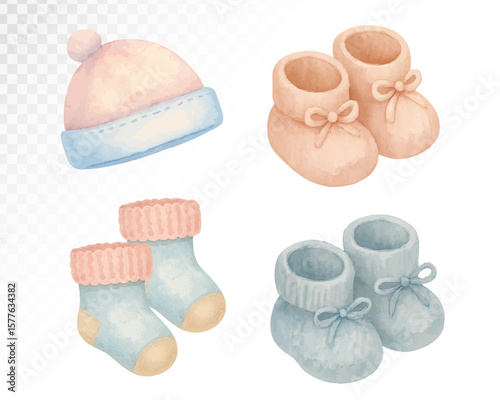Watercolor collection of baby winter accessories including hats, socks, and booties in soft pink and blue tones. Perfect for seasonal baby designs. Vector illustration.