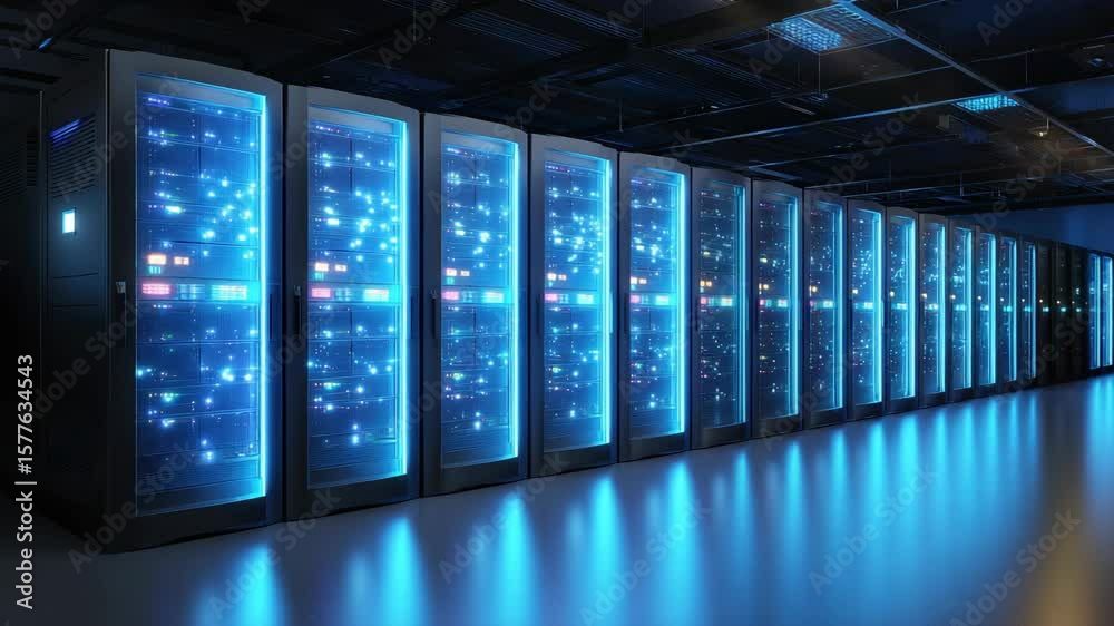 Data Center Servers: A long row of server racks with blue lights in a data center. Modern high-tech equipment for digital information.