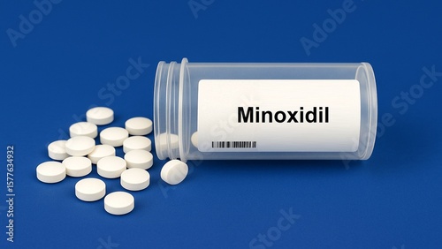Box of Minoxidil oral tablets used for hair loss and blood pressure placed on a table.