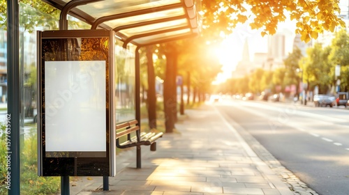 Sunlit city bus stop with an empty advertising billboard. The serene street scene is bathed in golden light, capturing the essence of urban life in the early morning.