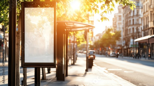 Sunlit urban street view with a blank advertising board at a bus stop