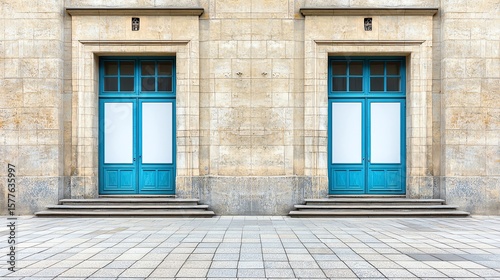 Symmetrical design of two vibrant blue doors on an elegant stone facade, showcasing architectural balance and classic geometry in urban exploration.
