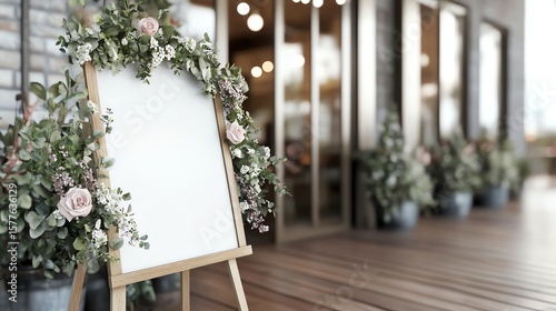 Wooden easel with blank whiteboard, decorated with elegant flower arrangements, stands by a rustic cafe entrance, ideal for customized messages or event promotions.