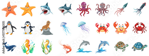 Vector set of sea animals - shark, whale, octopus, dolphin, turtle, crab, jellyfish, starfish. Educational materials, kids’ books, ocean-themed designs, and games.