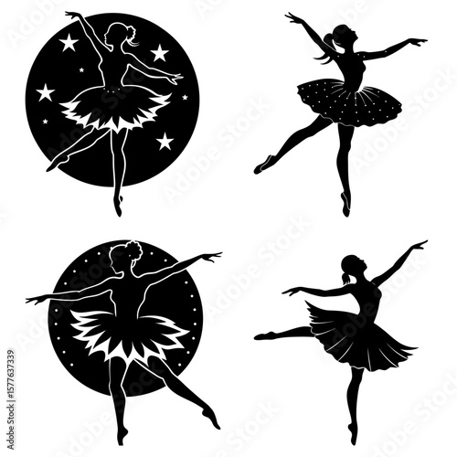 Silhouetted ballerinas in various poses with circular backgrounds and star accents in monochrome style