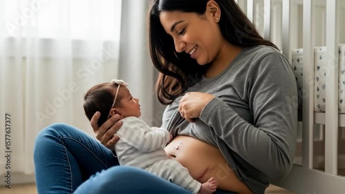 A smiling mother breastfeeding her newborn baby, showing a c-section scar, a tender moment representing motherhood, postpartum recovery, and the parent-child bond