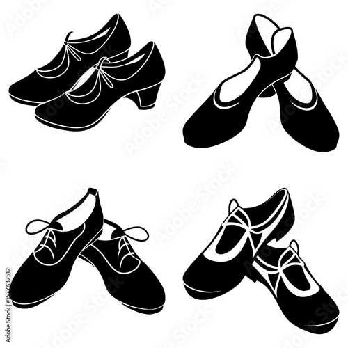 Illustration showcasing four pairs of black shoes in various styles on a white background image