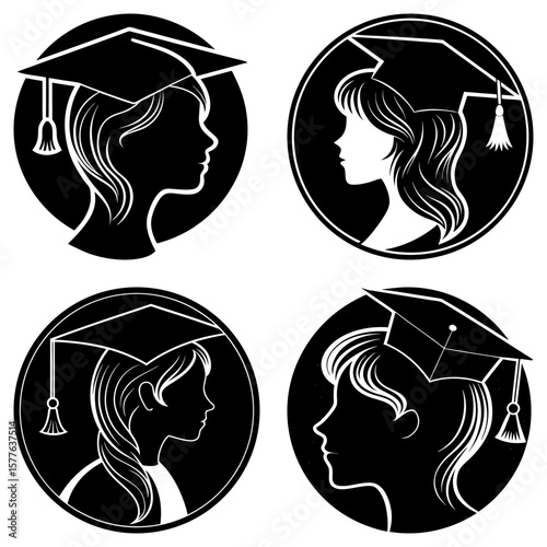 Four circular icons featuring female graduate silhouettes wearing graduation caps in black and white style