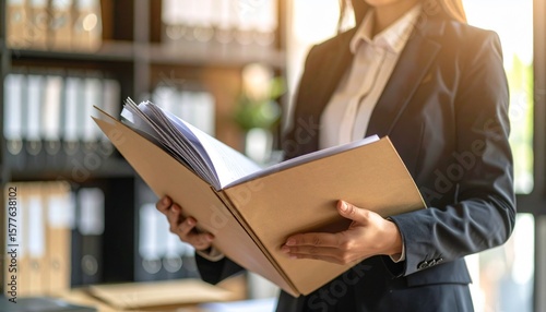 Serious courtroom lawyer preparing litigation documents for a business client before an official hearing, formal suit, seated at a polished wooden desk with open legal files and case notes, classic la
